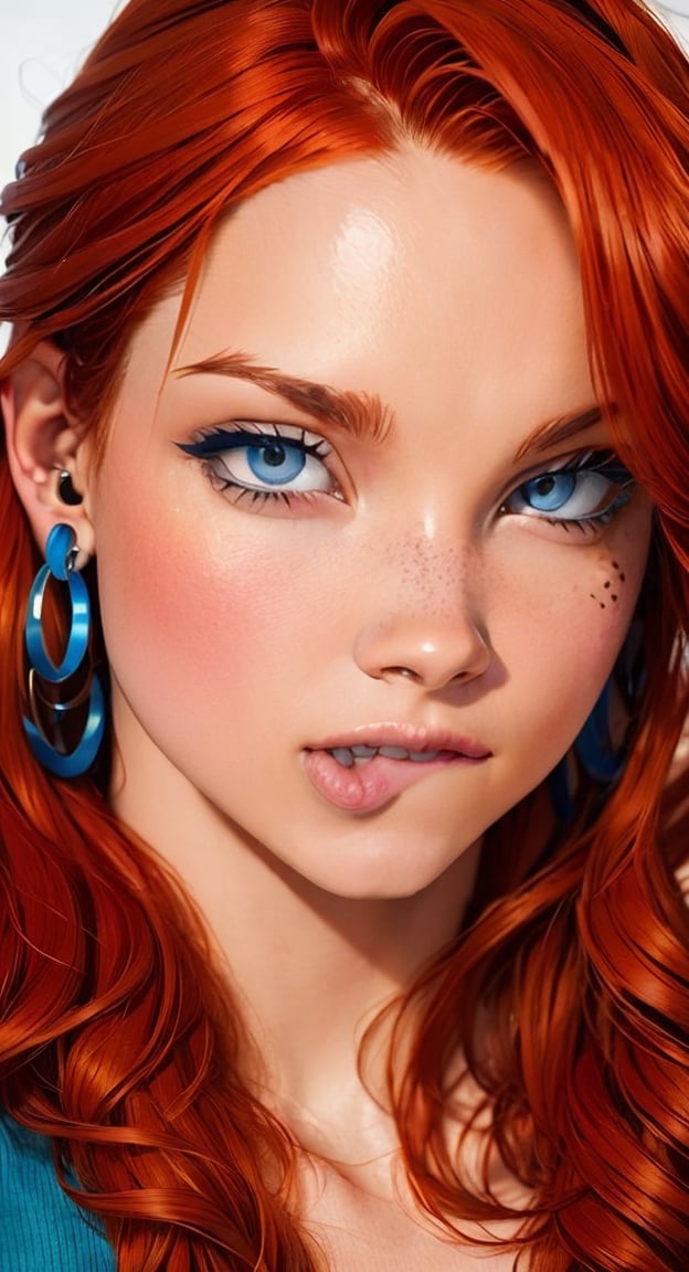 1girl, solo, looking at viewer, jewelry, red hair, blue eyes, earrings, , ear piercing, realistic,  lip piercing, hazy background 