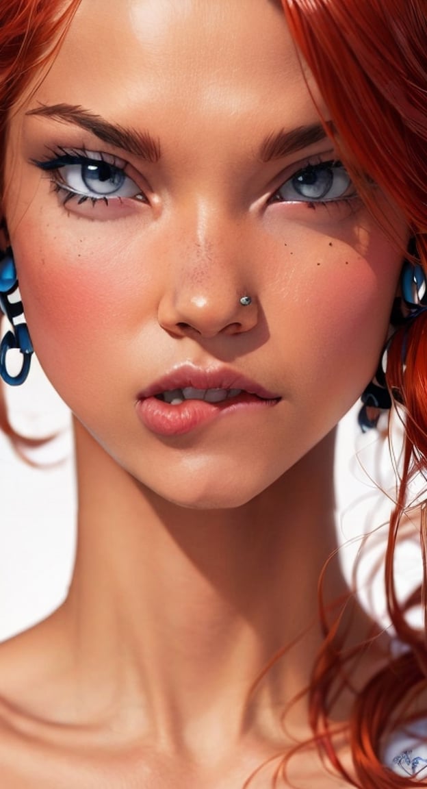 1girl, solo, looking at viewer, jewelry, red hair, blue eyes, earrings, , ear piercing, realistic,  lip piercing,pandora, hazy background 