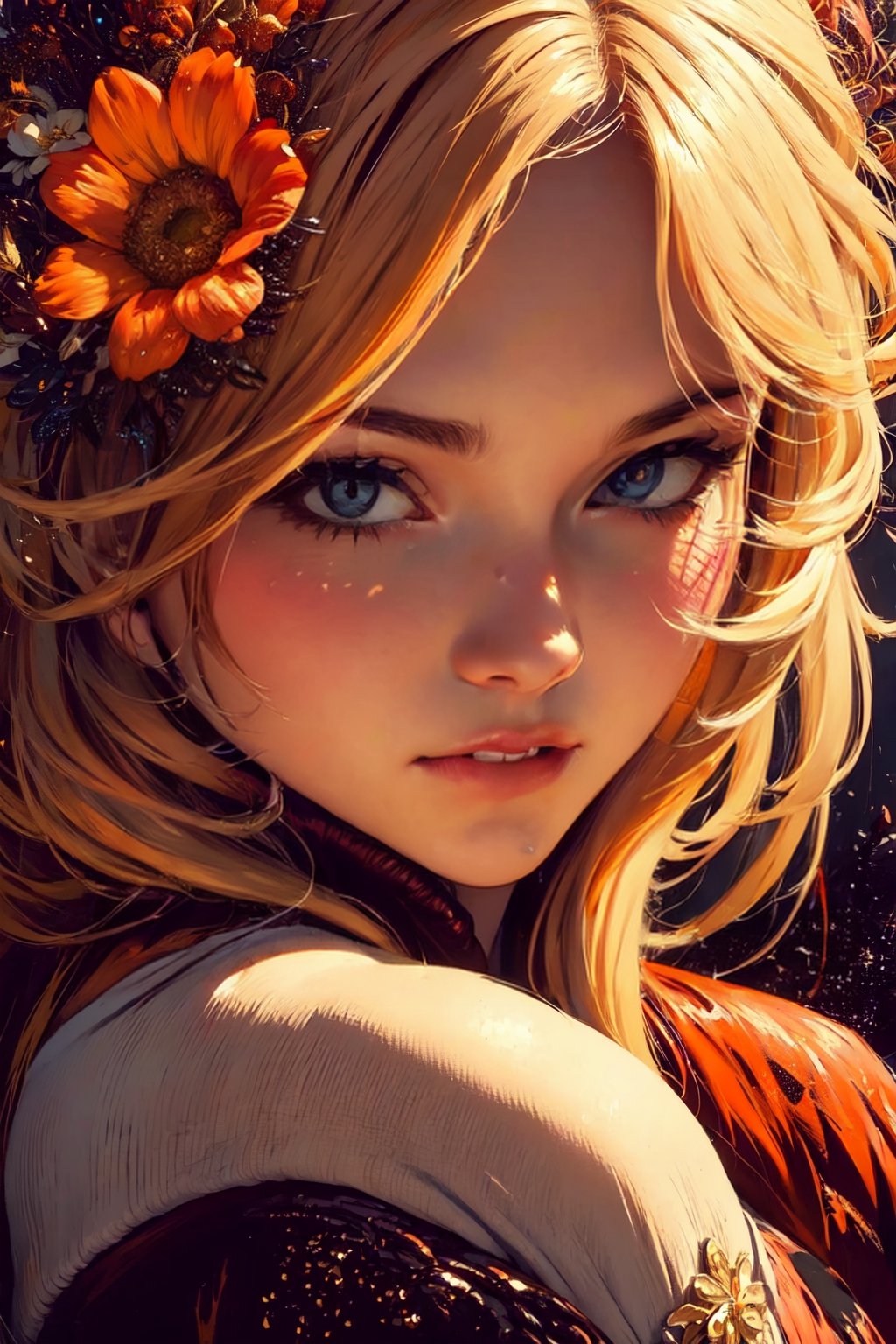 1woman, portrait, mature female,sparkling beautiful eyes, blonde hair, flowers, elaborate scene style, glitter, orange, realistic style, 8k,exposure blend, medium shot, bokeh, (hdr:1.4), high contrast, (cinematic, dark orange and white film), (muted colors, dim colors, soothing tones:1.3), low saturation, (hyperdetailed:1.2), perfect hands, perfect fingers, photorealistic, cinematic and dramatic back lighting.  Alfons Mucha style, ,greek clothes,BJ_Oil_painting,centralasia,perfect light