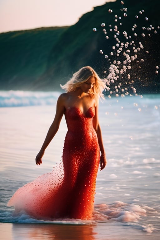 a blond woman on beach, water is red, covered in only dense layer small tiny red bubbles and foam, lots of red foam, bubbles covering whole body forming a long floaty light dress made of red foam all the way down to water, no swimsuit,  no fabric, the woman standing facing the water and giving the impression that the bottom of the bubbles is united with the water. there are water splash effects and beach background and sea with clear blue sky, full body