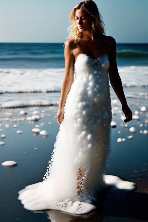 a blond woman on beach, covered in only dense layer small tiny white bubbles and foam, lots of white foam, bubbles covering whole body forming a long floaty light slip dress made of white foam all the way down to water, no swimsuit,  no fabric, the woman standing facing the water and giving the impression that the bottom of the bubbles is united with the water. beach background and sea, full body, hourglass waist 