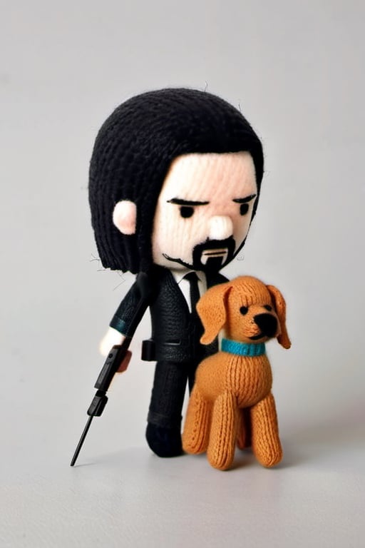 A knitted wool model of John wick and his dog. Big headed, cartoonish, cute, original colors, wielding dual pistols.