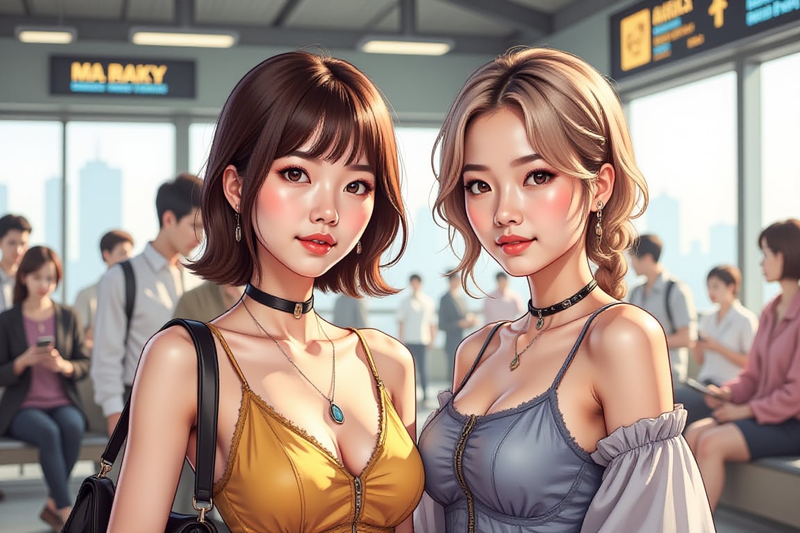 2_girls, the famous female marinka in stylish summer crop top, and her female assistant Pieter standing at the bustling indoor train station, looking at the viewer, VNS_Add more details