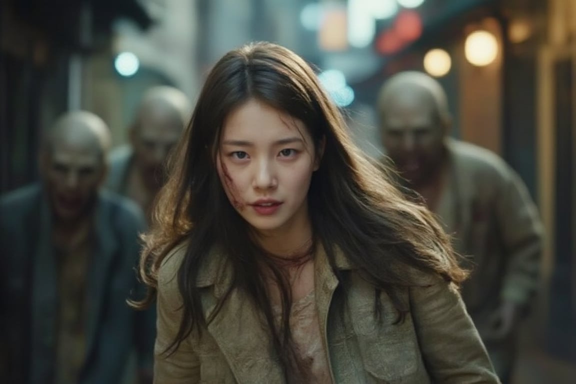 a photo take by sony A7 with film grainy and realistic lighting.

a lots of horrible zombies, chasing  a 27 years old girl skukzy. The zombie have rotten skin and terrible face. The girl is dashing from the zombies, The girl is so panic and has naive expression. the background is japanese street.