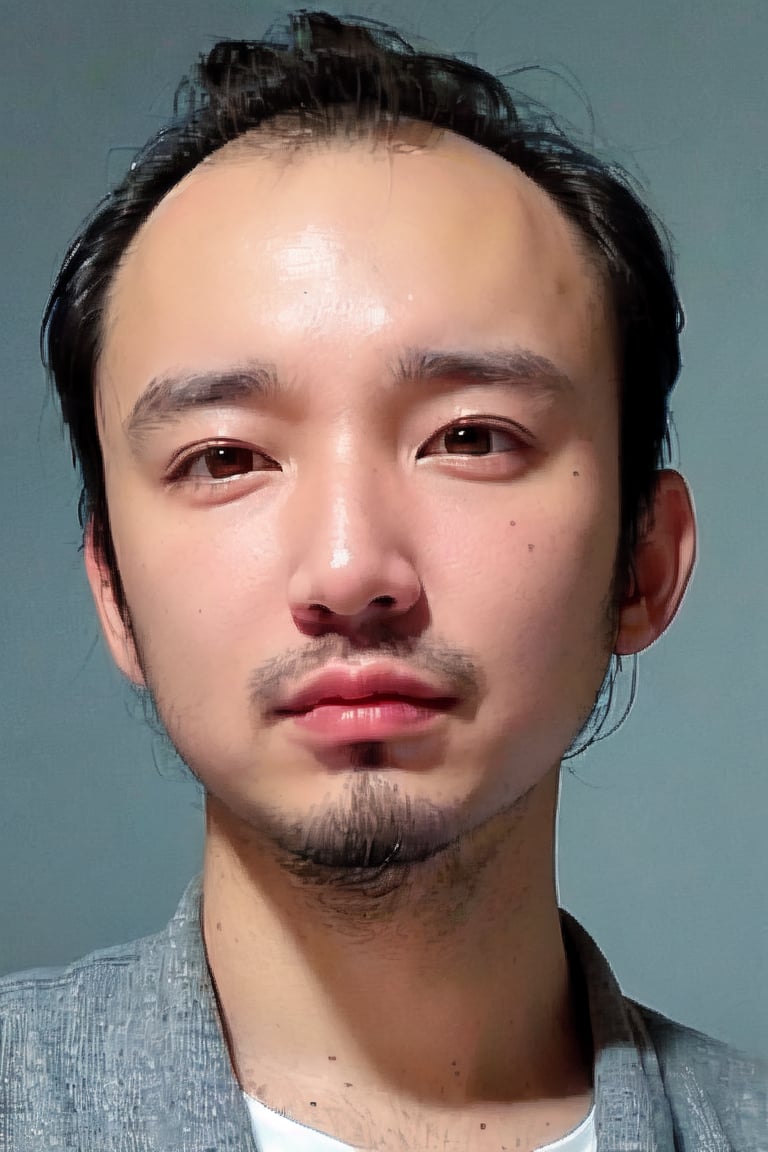 1boy, solo, looking at viewer, indigo blue background, shirt, brown eyes, upper body, lips, portrait, (thin hair), wide forehead, little bald, short hair, rnhg,