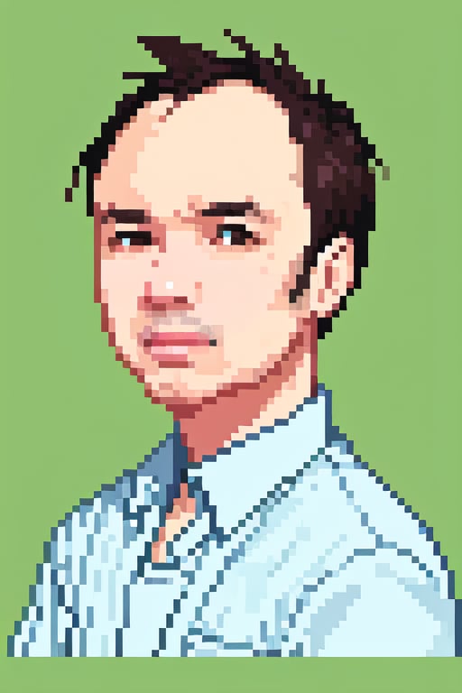 1boy, solo, looking at viewer, simple background, shirt, brown eyes, upper body, lips, portrait, (thin hair), wide forehead, little bald, short hair, rnhg,Pixel art