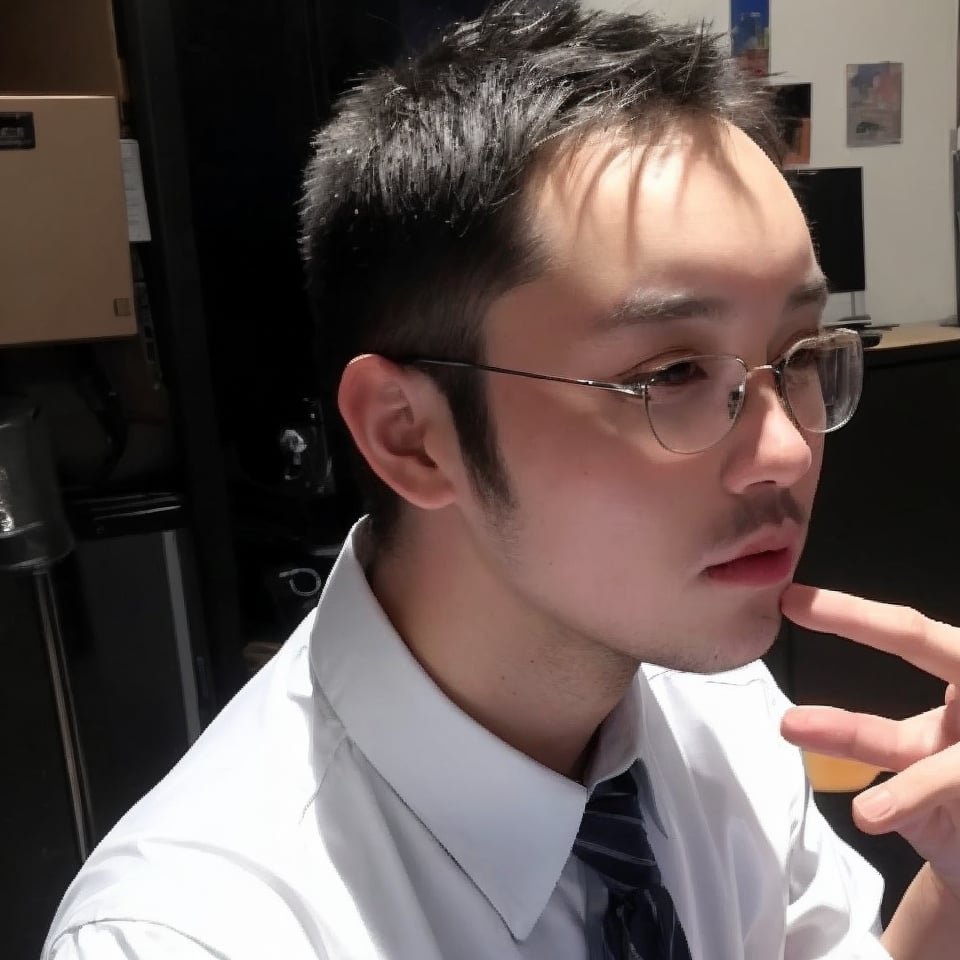 solo, looking at viewer, blonde hair, shirt, black hair, 1boy, closed mouth, white shirt, upper body, male focus, multicolored hair, necktie, glasses, collared shirt, two-tone hair, formal, suit, clenched hand, realistic