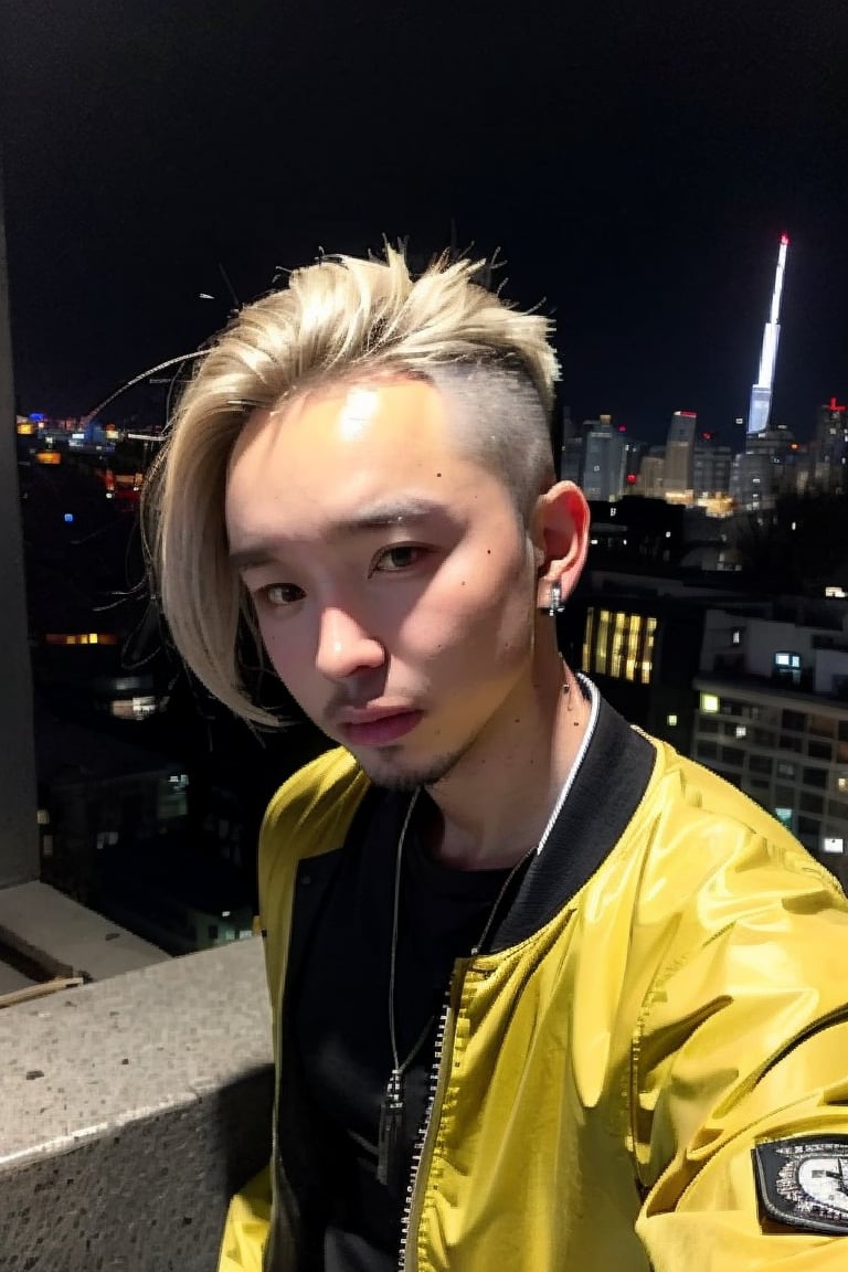 1boy, solo, brown eyes, lips, portrait,  wide forehead, rnhg , platinum blonde hair, sleek undercut, metallic bomber jacket, fingerless gloves, bold earrings, high-tech cityscape