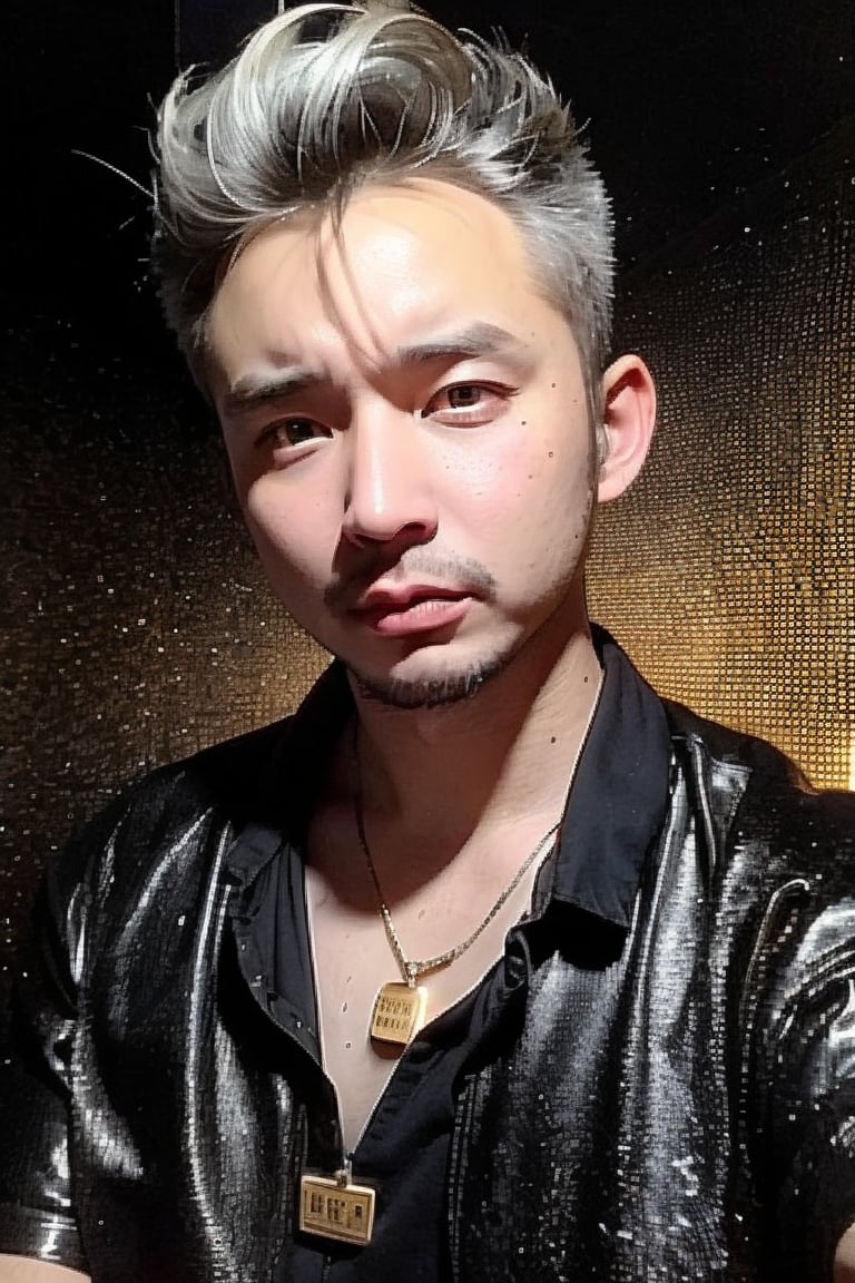 1boy, solo, brown eyes, lips, portrait, rnhg, Silver Hair, (Pompadour), Retro, Colorful Shirt, Gold Necklace, 70s Vibe, Funky, Disco Background