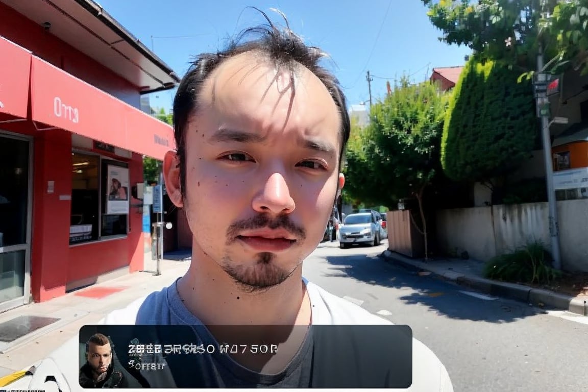 1boy, solo, brown eyes, portrait, looking at viewer, rnhg, (Thinning hair baldness), fake screenshot, 
 RGB, male streamer, live chat overlay, En plein air, External distribution, Massive Comments