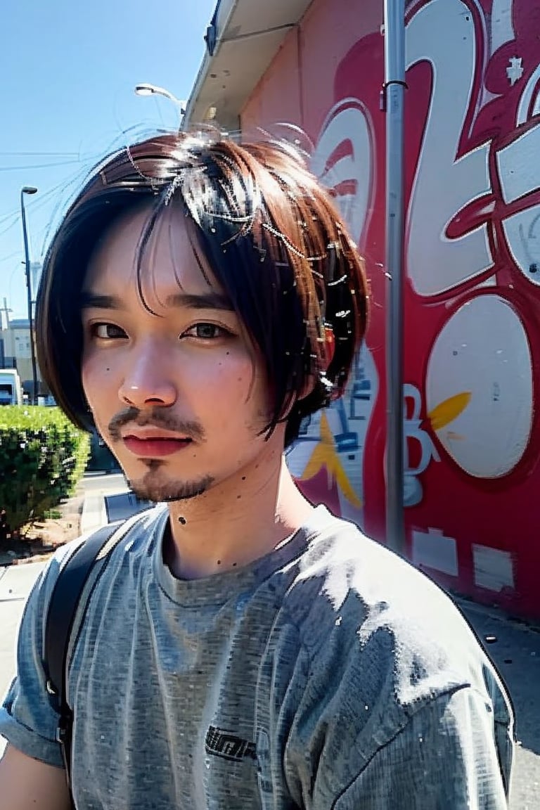 1boy, solo, brown eyes, portrait, looking at viewer, rnhg, (bobcut), 
urban setting, street fashion, confident pose, cityscape background, trendy clothing, graffiti walls