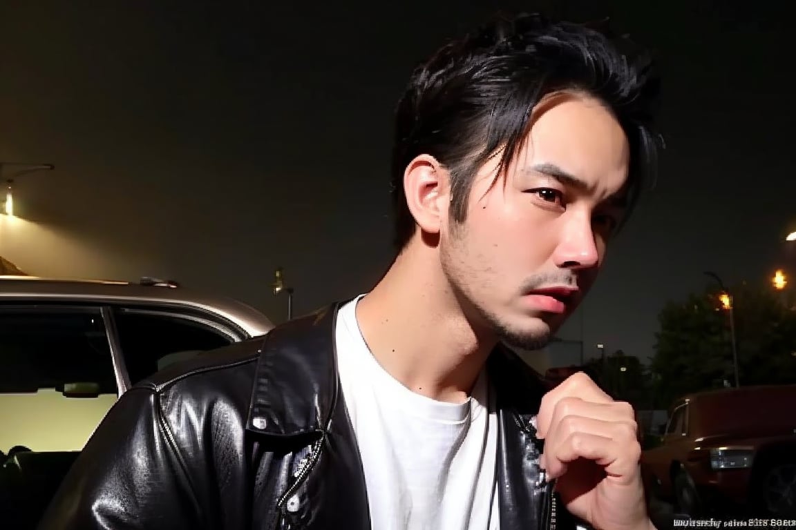 boy, solo, brown eyes, portrait, Greaser hairstyle, gelled pompadour, leather jacket, white T-shirt, rebellious attitude, vintage 1950s, sideburns, classic car, retro lighting,