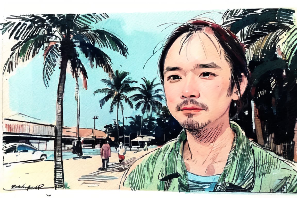 solo, looking at viewer, black hair, 1boy, closed mouth, upper body, male focus,, aloha shirt, palm trees, sandy beach, traditional media, facing viewer, realistic, rnhg ,sketch art,watercolor,rha30,fujimotostyle, (Thinning hair baldness)