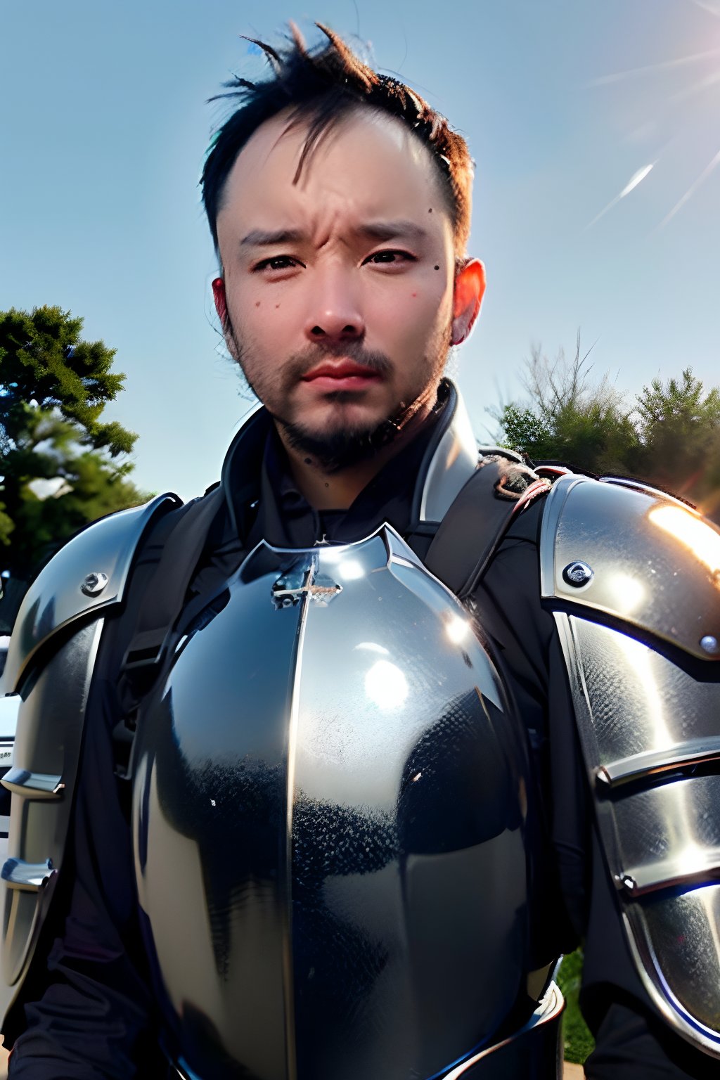 1boy, solo, brown eyes, portrait, looking at viewer, rnhg, holy shield, silver armor, solemn expression, sunset background, paladin shrouded in light, cross emblem