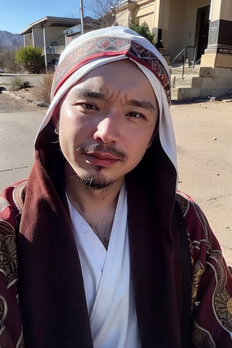 1boy, solo, brown eyes, lips, portrait,  wide forehead, rnhg , A man wearing a headscarf, traditional, cultural, ornate patterns, flowing robes, rich colors, intricate embroidery, desert, rugged, confident, timeless, ancient