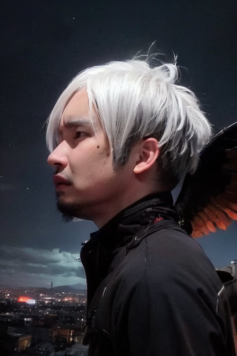 boy, solo, brown eyes, portrait, Dark seraph, male, red and black wings, intense eyes, battle-worn, night sky, ominous clouds, fierce and sorrowful, white hair