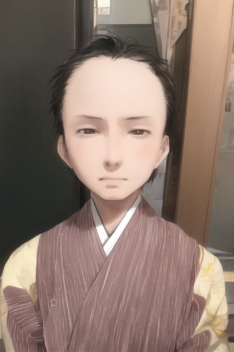 1boy, solo, looking at viewer, simple background, shirt, brown eyes, upper body, lips, portrait, (thin hair), wide forehead, short hair, rnhg,(masterpiece), scenery, ((Kyoto Animation Style))