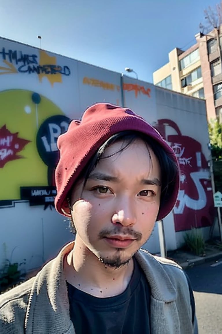 1boy, solo, brown eyes, portrait, looking at viewer, rnhg, (bobcut), 
urban setting, street fashion, confident pose, cityscape background, trendy clothing, graffiti walls