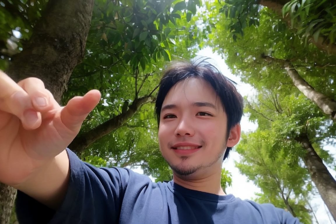 Masterpiece, top quality, high definition, artistic composition, 1 boy, upper body, composition from below, smiling, cotton shirt, looking at me, blue sky, sunlight through trees, casual, portrait, warm, reaching out,rnhg