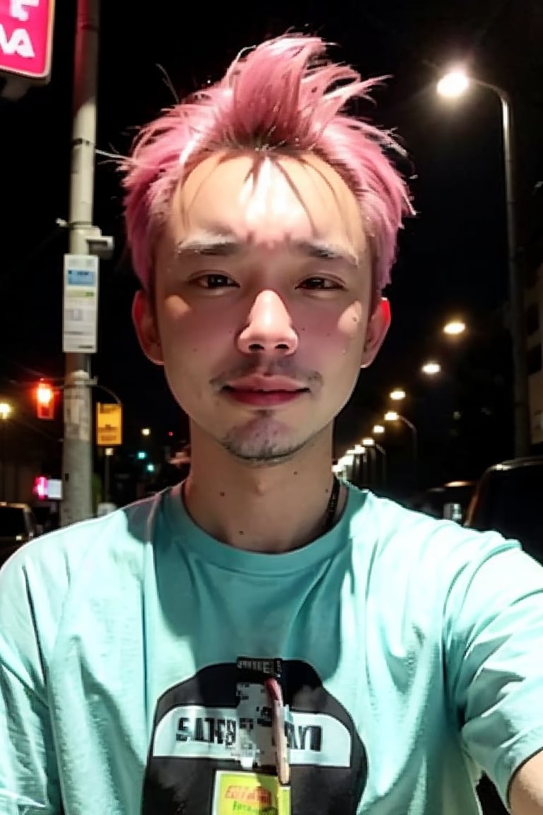 1boy, solo, brown eyes, lips, portrait,  wide forehead, rnhg , pastel pink hair, pastel green hair, messy style, oversized graphic t-shirt, choker, layered bracelets, vibrant city street, neon signs