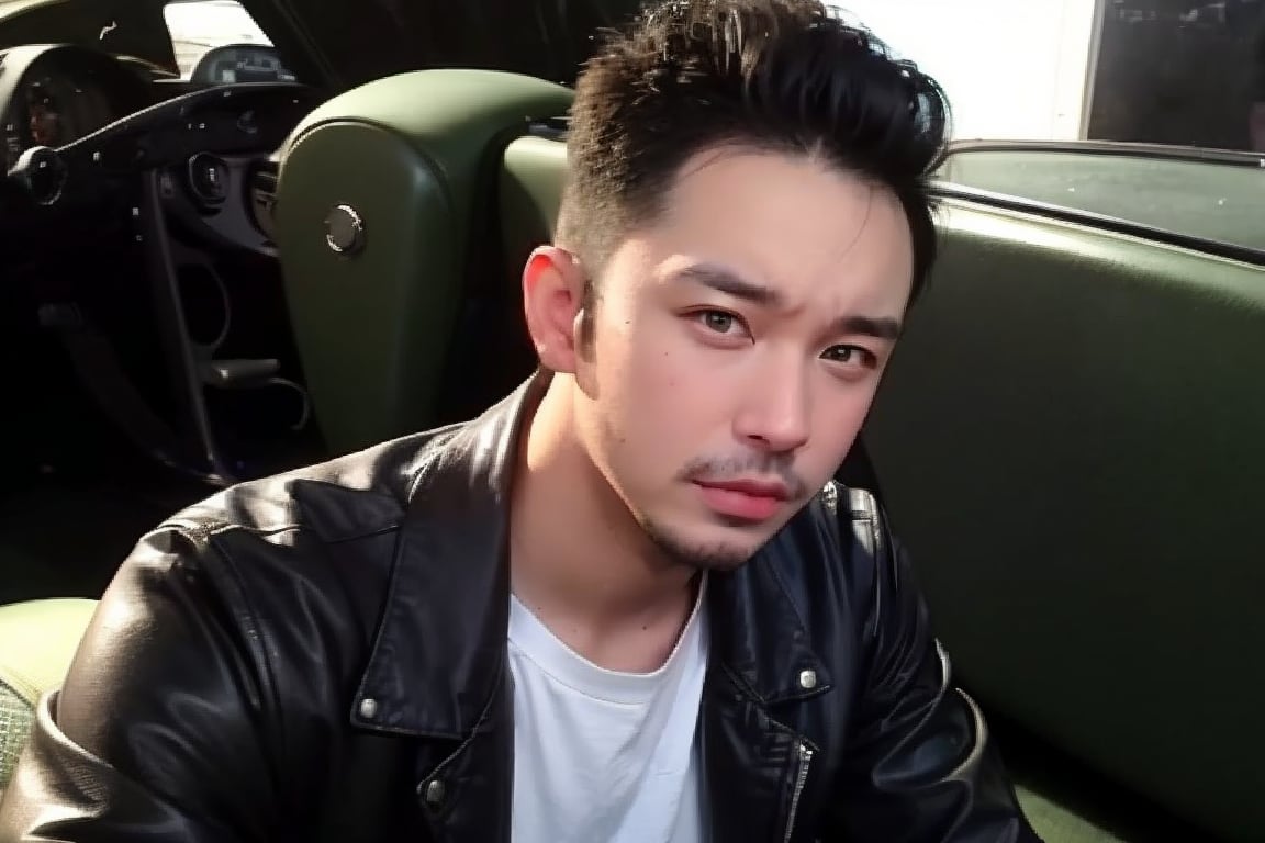 boy, solo, brown eyes, portrait, Greaser hairstyle, gelled pompadour, leather jacket, white T-shirt, rebellious attitude, vintage 1950s, sideburns, classic car, retro lighting,