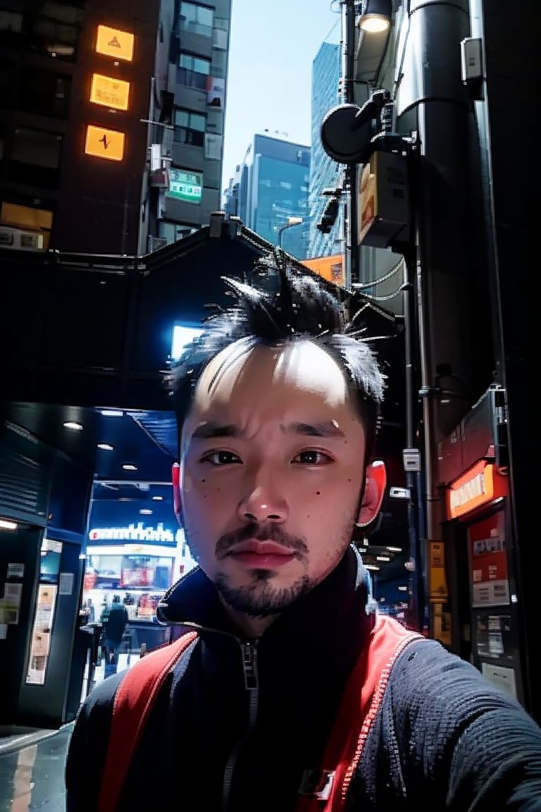 1boy, solo, brown eyes, portrait, looking at viewer, rnhg, Angular features, futuristic clothing, cyberpunk, metallic accessories, glowing cityscape, cold color palette