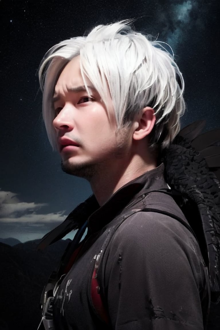 boy, solo, brown eyes, portrait, Dark seraph, male, red and black wings, intense eyes, battle-worn, night sky, ominous clouds, fierce and sorrowful, white hair