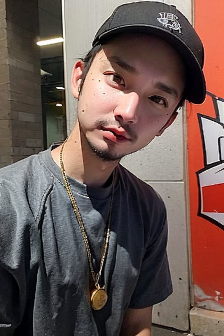 1boy, solo, brown eyes, lips, portrait, rnhg, Hip Hop, Graphic T-shirt, Gold Chains, Baseball Cap, Urban Graffiti Background, Confident Pose, Street Art