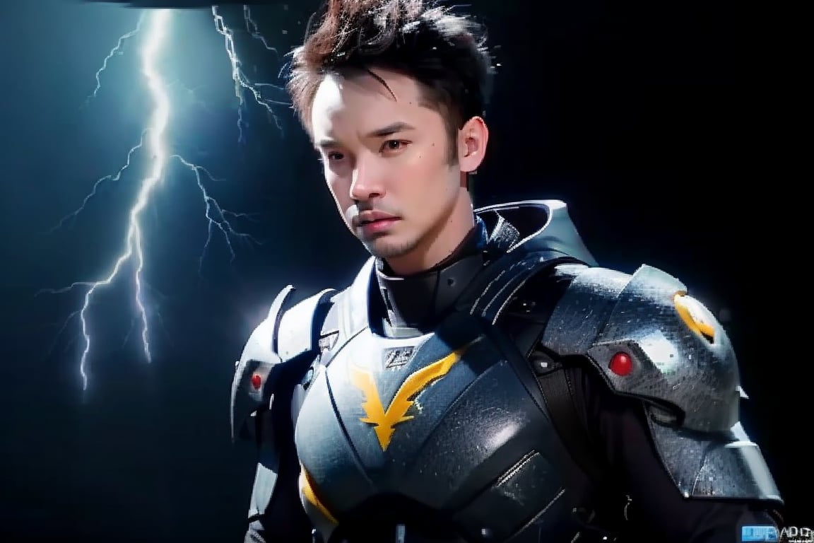 (masterpiece, high quality:1.5), (8K, HDR), masterpiece, best quality, 1boy, solo, upper body, FuturEvoLab style, black background, FuturEvoLab-Androgynous male, FuturEvoLabStyle:1.5, Thunder Flash, Lightning aura, Lightning, 