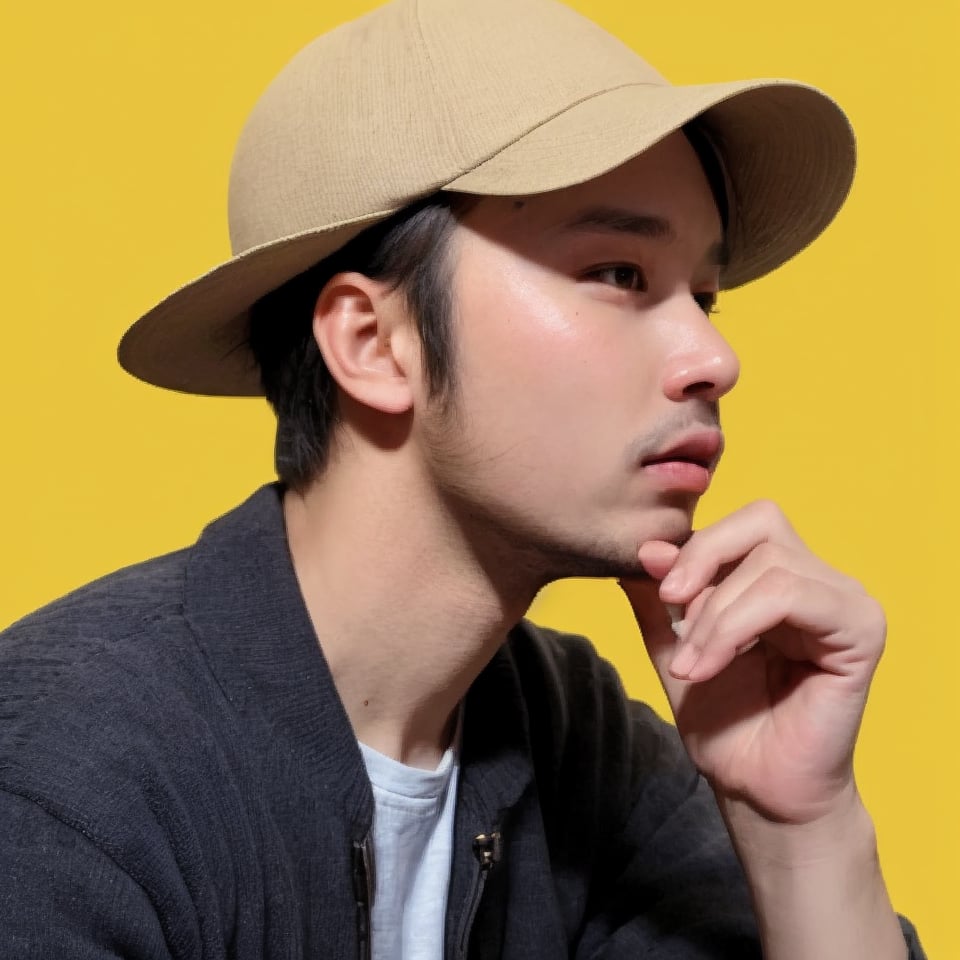 solo, simple background, brown hair, 1boy, hat, jewelry, upper body, male focus, food, fruit, ring, yellow background, realistic, what, lemon