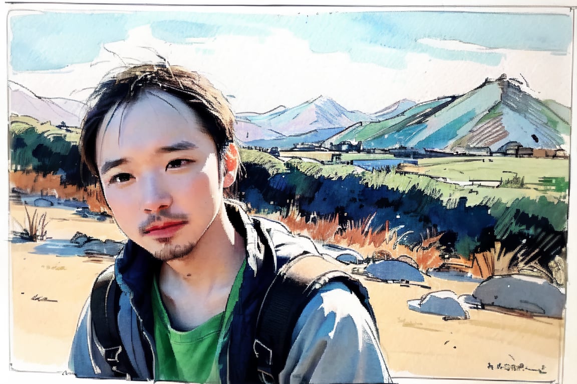 solo, looking at viewer, black hair, 1boy, closed mouth, upper body, male focus, summit, landscape, mountain range, clear sky,  backpack, windbreaker, traditional media, facing viewer, realistic, rnhg ,sketch art,watercolor,rha30,fujimotostyle, (Thinning hair baldness)