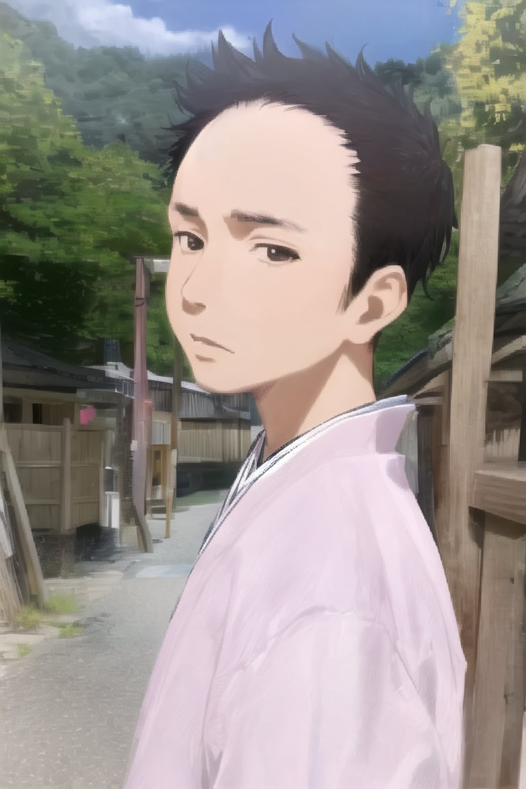 1boy, solo, looking at viewer, simple background, shirt, brown eyes, upper body, lips, portrait, (thin hair), wide forehead, short hair, rnhg,(masterpiece), scenery, ((Kyoto Animation Style))