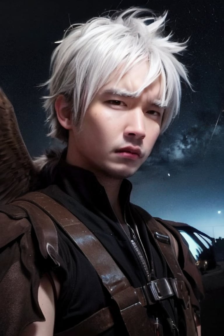 boy, solo, brown eyes, portrait, Dark seraph, male, red and black wings, intense eyes, battle-worn, night sky, ominous clouds, fierce and sorrowful, white hair