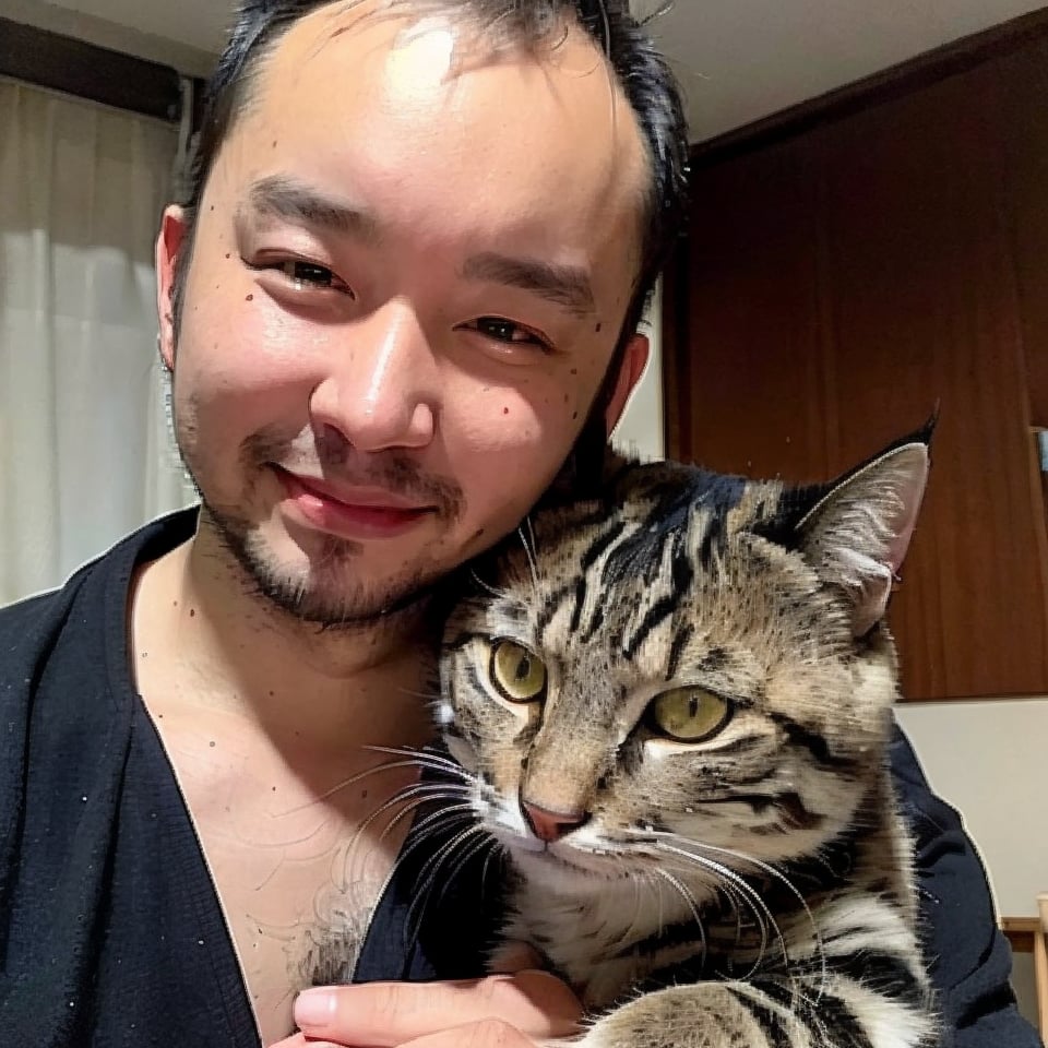 1boy, solo, brown eyes, portrait, rnhg, (8K, RAW photo, best quality, masterpiece: 1.2), high resolution raw color photo, professional photo, (realistic, realistic photo: 1.37), movie A boy hugs a cat to his chest with both hands. , (Thinning hair baldness)