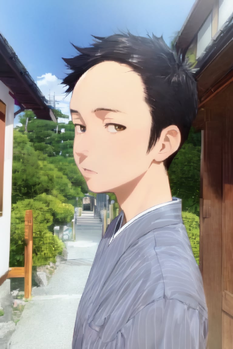 1boy, solo, looking at viewer, simple background, shirt, brown eyes, upper body, lips, portrait, (thin hair), wide forehead, short hair, rnhg,(masterpiece), scenery, ((Kyoto Animation Style))