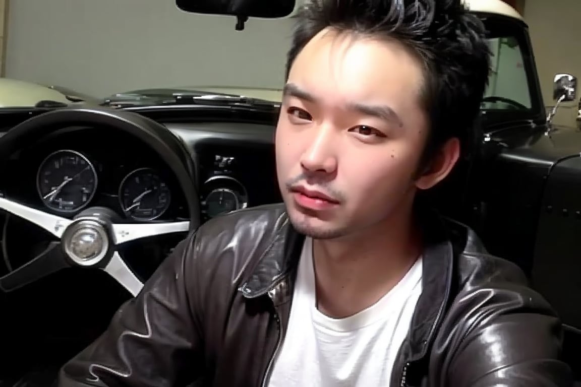 boy, solo, brown eyes, portrait, Greaser hairstyle, gelled pompadour, leather jacket, white T-shirt, rebellious attitude, vintage 1950s, sideburns, classic car, retro lighting,