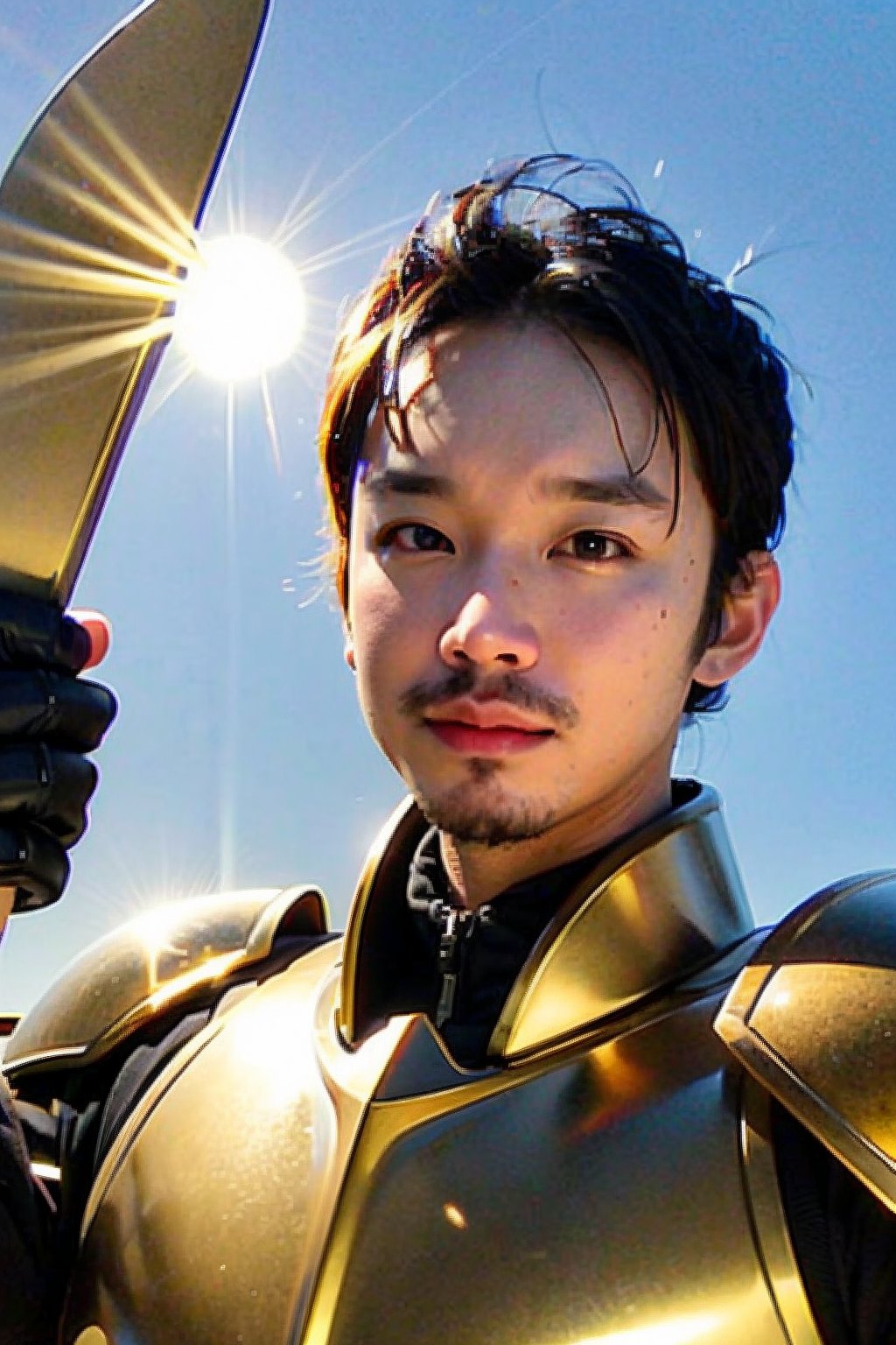 1boy, solo, brown eyes, portrait, looking at viewer, rnhg, golden armor, pose symbolizing courage, under the shining sun, paladin staring at the battlefield, sacred symbol