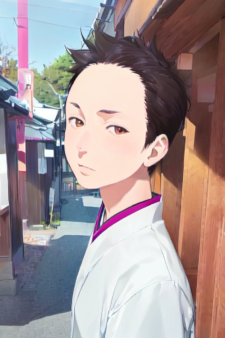 1boy, solo, looking at viewer, simple background, shirt, brown eyes, upper body, lips, portrait, (thin hair), wide forehead, short hair, rnhg,(masterpiece), scenery, ((Kyoto Animation Style))