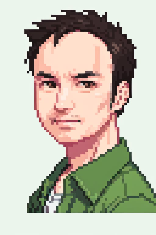 1boy, solo, looking at viewer, simple background, shirt, brown eyes, upper body, lips, portrait, (thin hair), wide forehead, little bald, short hair, rnhg,Pixel art