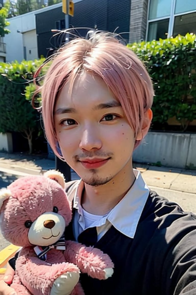 1boy, solo, brown eyes, portrait, looking at viewer, rnhg, ((Light pink hair)), holding a teddy bear, black collared shirt, park, blue sky