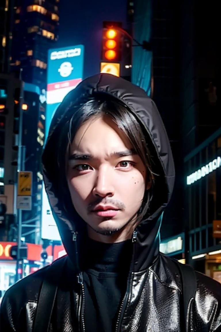 1boy, solo, brown eyes, portrait, looking at viewer, rnhg, Angular features, futuristic clothing, cyberpunk, metallic accessories, glowing cityscape, cold color palette