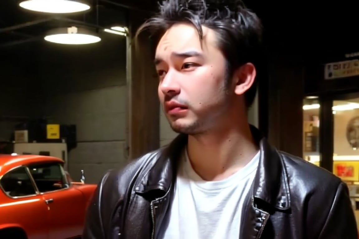 boy, solo, brown eyes, portrait, Greaser hairstyle, gelled pompadour, leather jacket, white T-shirt, rebellious attitude, vintage 1950s, sideburns, classic car, retro lighting,