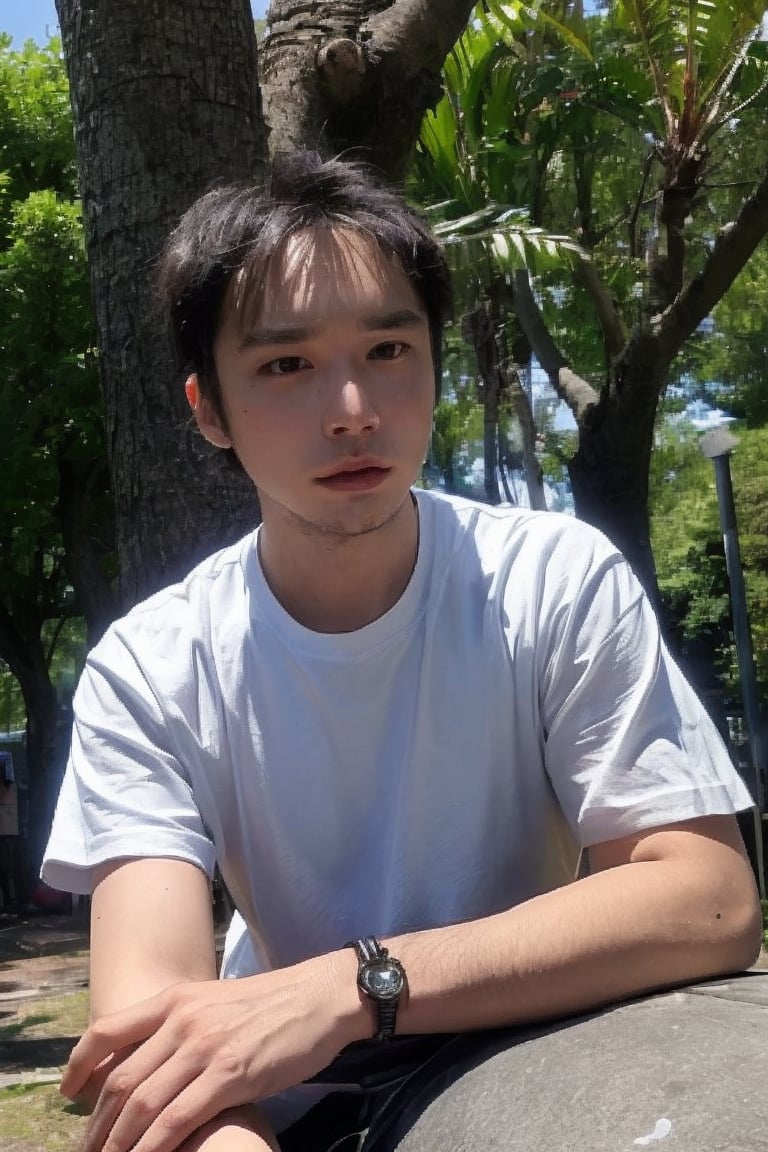 solo, looking at viewer, shirt, black hair, 1boy, jewelry, white shirt, upper body, short sleeves, male focus, outdoors, day, black eyes, bracelet, tree, realistic, bead bracelet, photo background