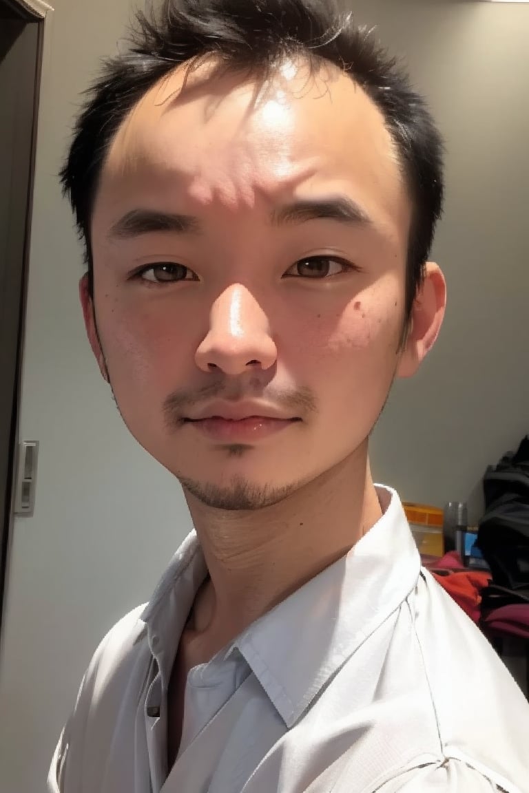 1boy, solo, looking at viewer, simple background, shirt, brown eyes, upper body, lips, portrait, (thin hair), wide forehead, little bald, short hair, rnhg