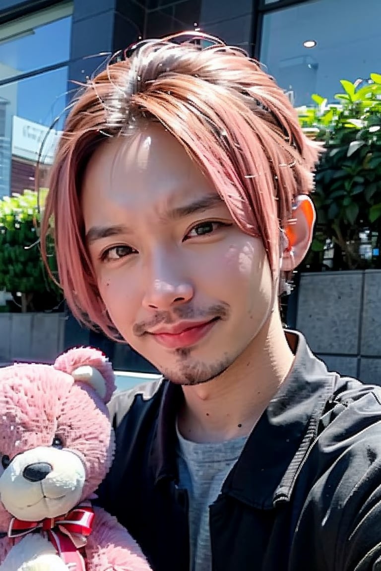 1boy, solo, brown eyes, portrait, looking at viewer, rnhg, ((Light pink hair)), holding a teddy bear, black collared shirt, park, blue sky