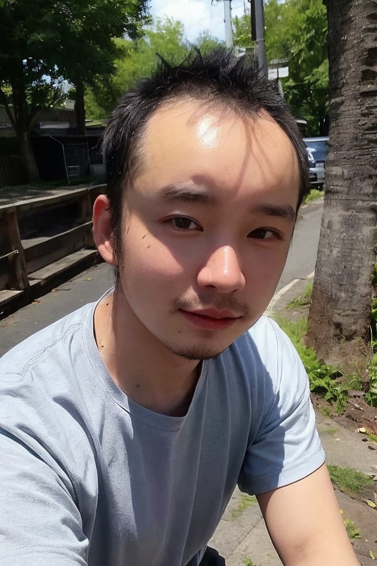 solo, looking at viewer, shirt, black hair, 1boy, jewelry, white shirt, upper body, short sleeves, male focus, outdoors, day, black eyes, bracelet, tree, realistic, bead bracelet, photo background, Thinning hair baldness