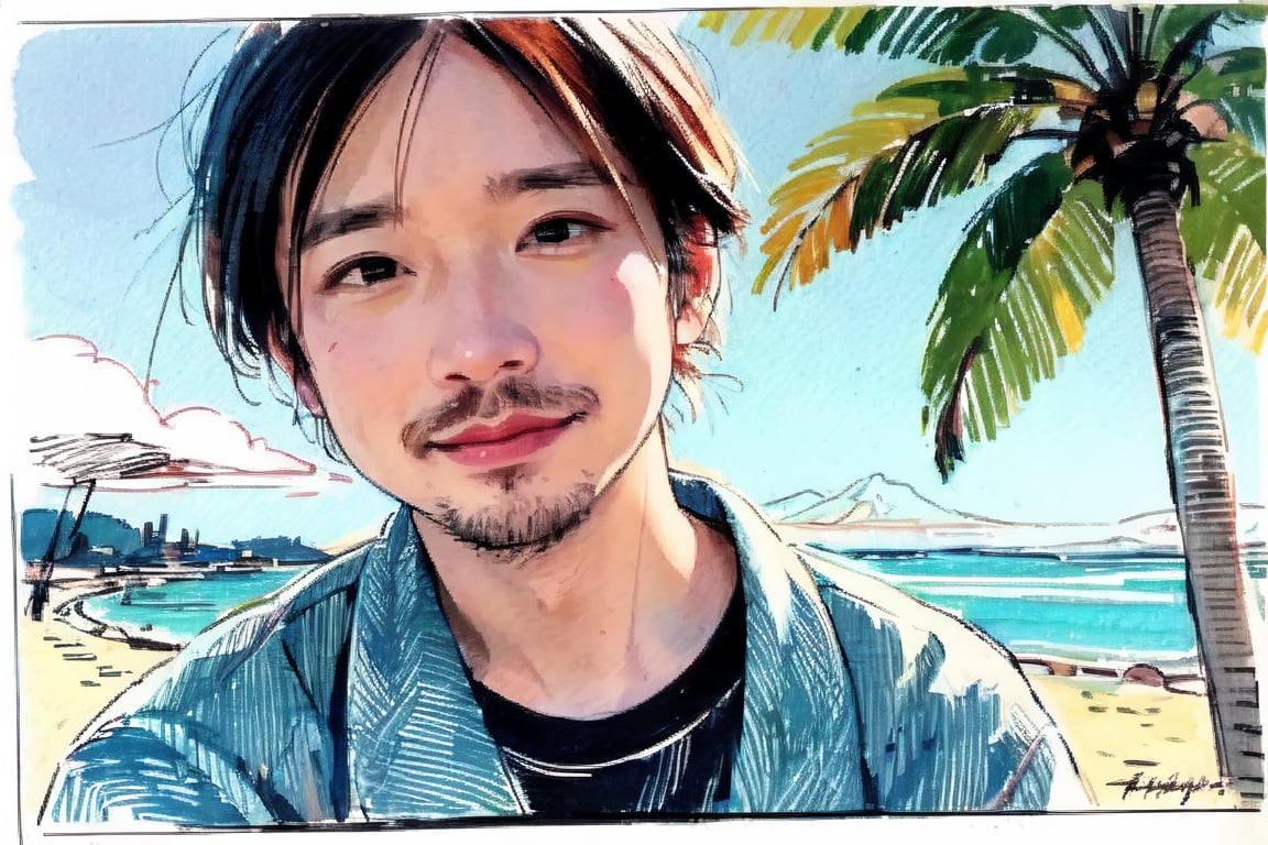 solo, looking at viewer, black hair, 1boy, closed mouth, upper body, male focus,, aloha shirt, palm trees, sandy beach, traditional media, facing viewer, realistic, rnhg ,sketch art,watercolor,rha30,fujimotostyle, 