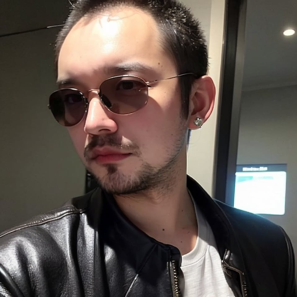 boy, solo, brown eyes, leather jacket, holographic jacket, metallic accessories, choker, sunglasses, earrings, nose ring, avant-garde fashion, ((Thinning hair baldness))