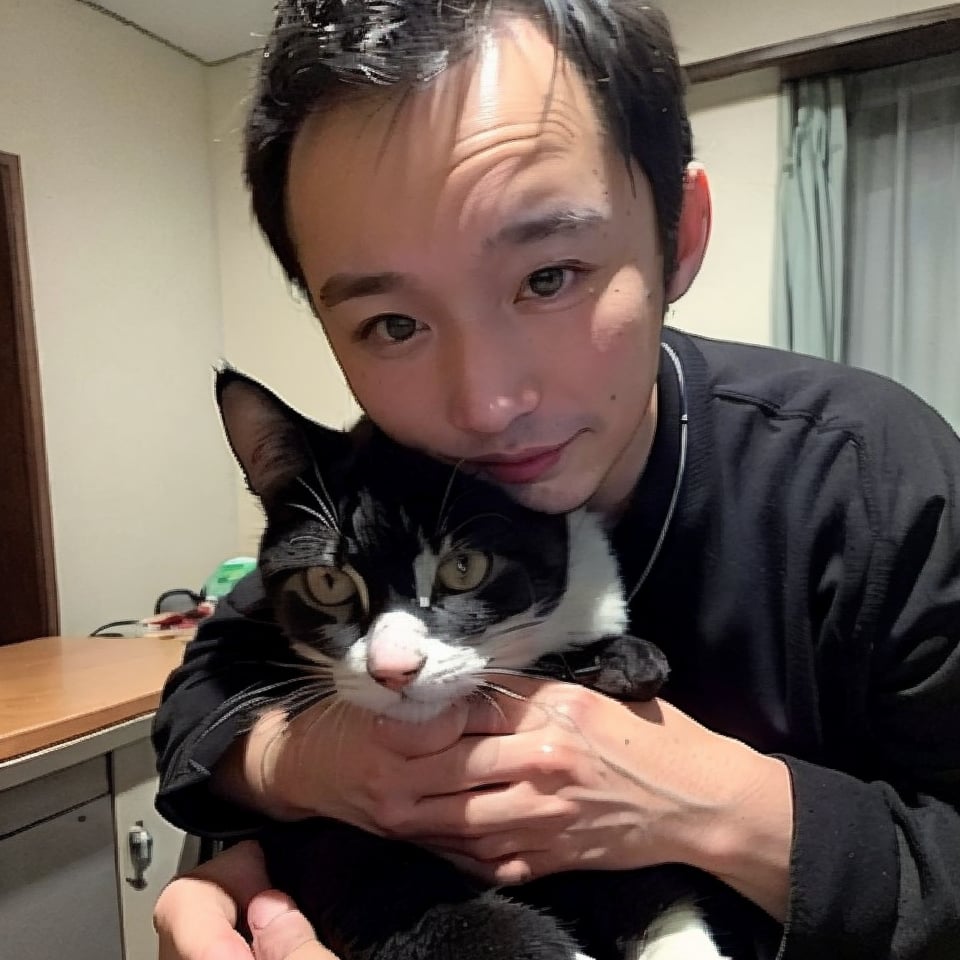 1boy, solo, brown eyes, portrait, rnhg, (8K, RAW photo, best quality, masterpiece: 1.2), high resolution raw color photo, professional photo, (realistic, realistic photo: 1.37), movie A boy hugs a cat to his chest with both hands. , (Thinning hair baldness)