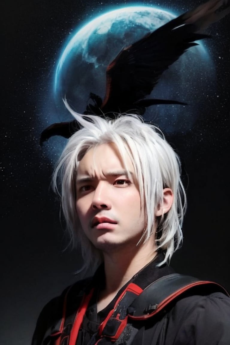 boy, solo, brown eyes, portrait, Dark seraph, male, red and black wings, intense eyes, battle-worn, night sky, ominous clouds, fierce and sorrowful, white hair